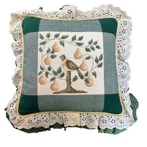 Vintage Needlepoint Pillow Partridge in a Pear Tree Cross Stitch Throw Cushion